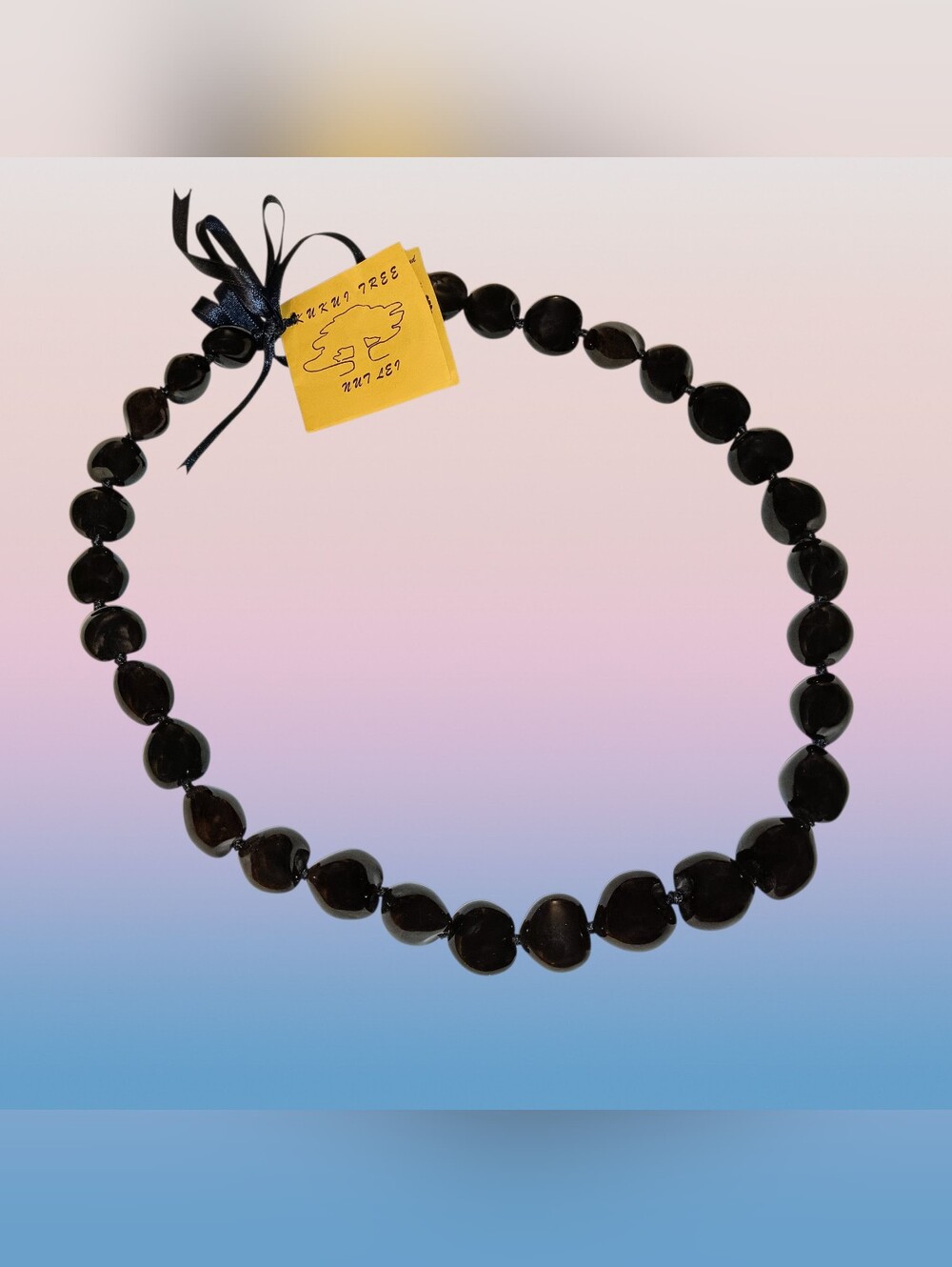 Black Kukui Nut Lei Necklace on Black Satiny Ribbon New With Tags